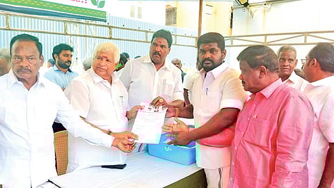 Aspiring nominees filing papers for contesting from AIADMK at Mannargudi on Thursday