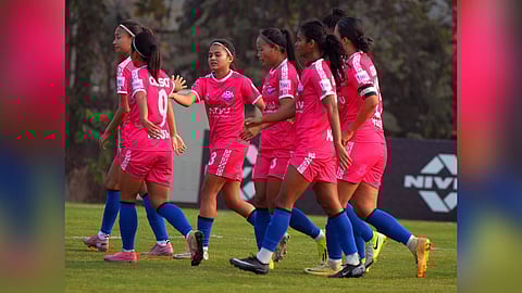 Sethu FC players celebrate after Kaviya Pakkirisamy's goal