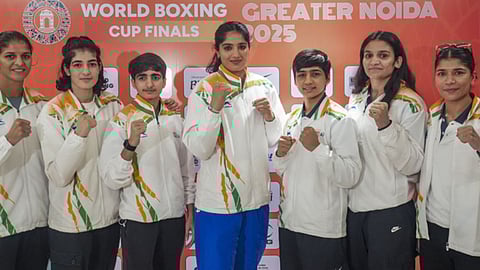 World Boxing Cup Finals 2025 gold medallists (L-R) Jaismine Lamboria, Parveen Hooda, Minakshi Hooda, Nupur Sheoran, Preeti Pawar, Arundhati Choudhary and Nikhat Zareen pose for photographs during a press meet, in New Delhi (Photo: PTI)