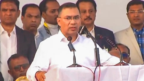 Bangladesh Nationalist Party (BNP) acting chairman Tarique Rahman addresses supporters, in Dhaka