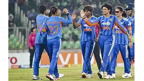India's Arundhati Reddy celebrates with teammates after taking the wicket of Sri Lanka�s Hasini Perera during the fourth T20 International cricket match of a series between India Women and Sri Lanka Women, at Greenfield International Stadium, in Thiruvananthapuram, Kerala, Sunday, Dec. 28, 2025
