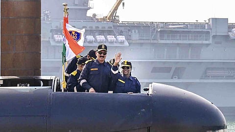 President Droupadi Murmu during a submarine sortie aboard Indian Navy's frontline submarine INS Vaghsheer on the Western seaboard, from the Karwar naval base in Karnataka