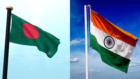 (L-R) Bangladesh flag, India flag