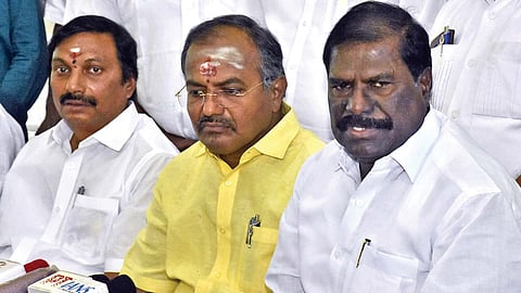 Ramadoss faction PMK leader GK Mani addressing media persons at Salem on Sunday