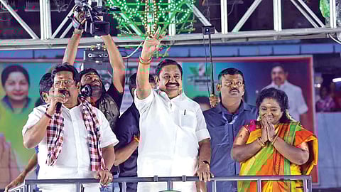 Edappadi Palaniswami at the rally in Thiruporur on Sunday. Senior BJP leader Tamilisai Soundararajan is also seen