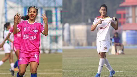 (L) Soumya Guguloth; (R) Lynda Kom Serto celebrates after scoring