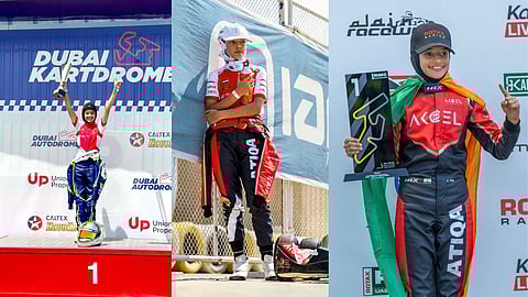 Indian racer Atiqa Mir, 10, celebrates victory in round one of RMC Invitational Karting Series, at Al Ain Raceway, in United Arab Emirates