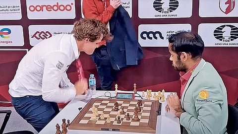 Magnus Carlsen bangs the desk after losing to Arjun Erigaisi