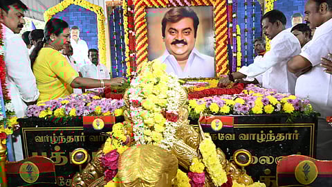 DMDK president Premalatha at Vijayakant memorial in Koyambedu on Thursday