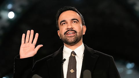 Mayor-elect Zohran Mamdani takes the oath of office during a swearing-in ceremony in the Old City Hall subway station.