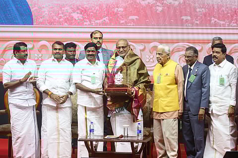 The Bharat Ratna Dr MGR Trust honored Vice President CP Radhakrishnan at Chennai’s Kalaivanar Arangam