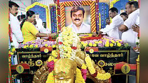 DMDK president Premalatha paying respects at Vijayakant memorial in Koyambedu on Thursday