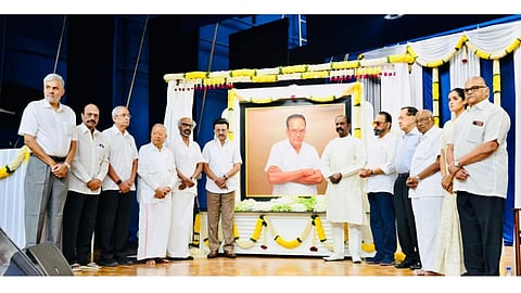 Chief Minister MK Stalin paying tributes to AVM Saravanan's portrait at an event in Chennai on Sunday