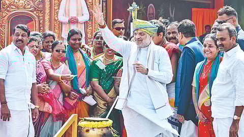 Union Home Ministers Amit Shah, Piyush Goyal, and L Murugan, BJP State president Nainar Nagendran and others during ‘Namma Ooru Modi Pongal’ festival, in Tiruchy on Monday