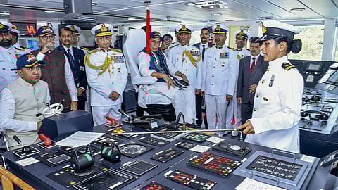 Defence Minister Rajnath Singh during commissioning of the Indian Coast Guard's (ICG) first indigenously designed and built pollution control vessel 'Samudra Pratap' in Goa