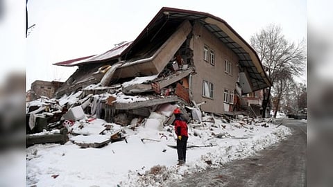 Ruins of a house seen after a snowstorm hits northern Syria