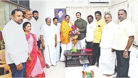 Anbumani Ramadoss greets Edappadi Palaniswami at the latter’s residence in Chennai on Wednesday