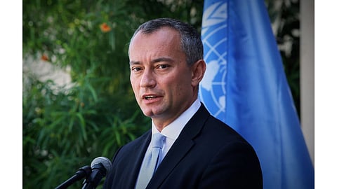 United Nations Special Coordinator for the Middle East Peace Process Nickolay Mladenov attends a press conference at the (UNSCO) offices in Gaza City.