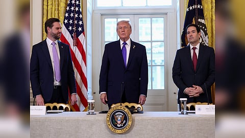 US President Donald Trump , Vice President JD Vance and Secretary of State Marco Rubio attend a meeting with oil industry executives at the White House