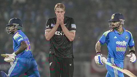 New Zealand's Kyle Jamieson, centre, reacts as India's Virat Kohli, right, and Shreyas Iyer run between the wickets during the first ODI cricket match of a series between India and New Zealand, at Kotambi Stadium, in Vadodara, Gujarat, Sunday, Jan. 11, 2026