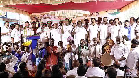 Protest led by Tamil Nadu Congress Committee (TNCC) president K Selvaperunthagai in Rajarathinam Stadium in Egmore against the Union government's decision to rename the Mahatma Gandhi National Rural Employment Guarantee Act (MGNREGA) scheme.