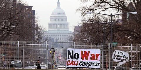 "No War" Protest banner at the street