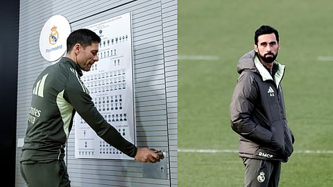 Xabi Alonso leaves after a press conference, Alvaro Arbeloa seen during Madrid's first-team practice session