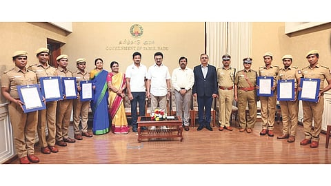 Chief Minister MK Stalin distributing appointment orders to candidates who had undergone 21 days of training on Tuesday