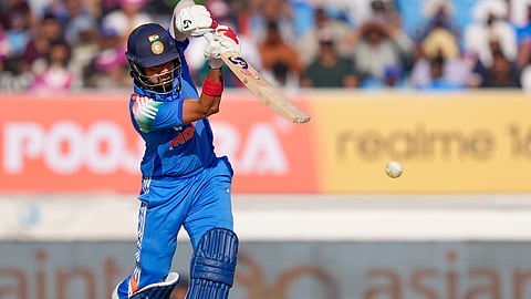 KL Rahul plays a shot during the second ODI cricket match of a series between India and New Zealand, at Niranjan Shah Stadium, in Rajkot, Gujarat