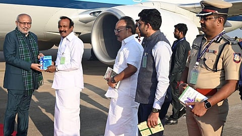 Vice President Radhakrishnan welcomed by State minister S Muthusamy, MP Ganapathi P Rajkumar and other officials at Coimbatore airport