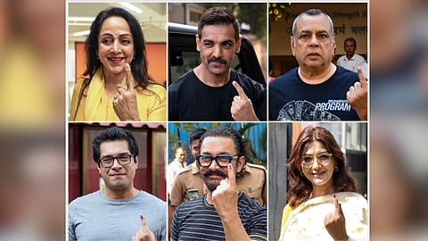 Bollywood personalities ink marked finger after casting vote at a polling station during the Brihanmumbai Municipal Corporation (BMC) elections, in Mumbai
