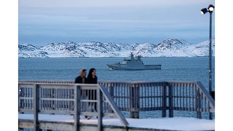 Military vessel HDMS Ejnar Mikkelsen of the Royal Danish Navy patrols near Nuuk, Greenland.