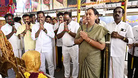 DMDK general secretary Premalatha at party founder Vijayakant's memorial in Koyambedu on Wednesday