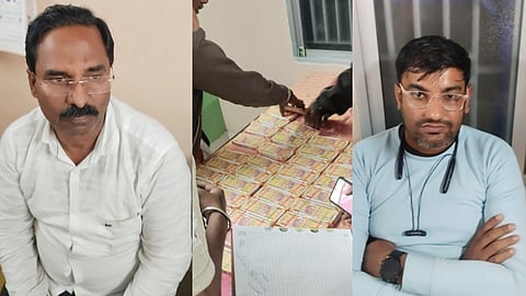 (L-R) Accused Ramesh Babu Rao, Counterfeit currency seized by police, Accused Narayanan