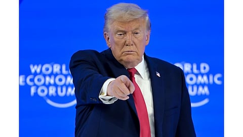 President Donald Trump gestures after his special address during the 56th annual meeting of the World Economic Forum (WEF), in Davos, Switzerland.