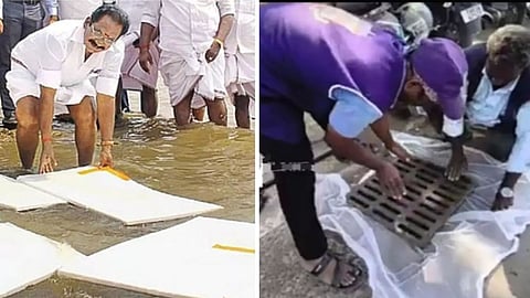 Representative image of thermocol sheets floating on the Vaigai dam and GCC installing mosquito nets on drains.