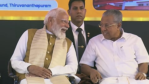 Prime Minister Narendra Modi, left, and Kerala Chief Minister Pinarayi Vijayan during the launch of various developmental projects and flagging off of new train services, in Thiruvananthapuram