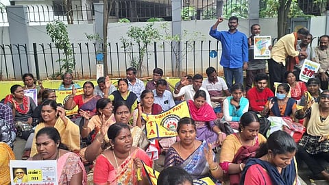 Secondary grade teachers protesting at the DPI campus in Chennai on Sunday