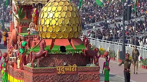 depiction of the iconic golden Matrimandir of Auroville