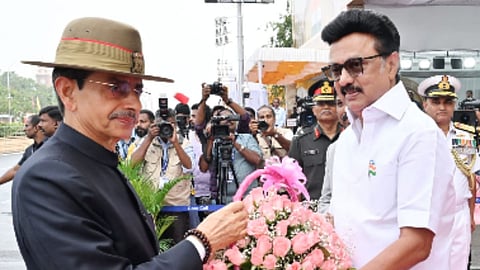 Tamil Nadu CM MK Stalin welcomes Governor RN Ravi to the Republic day event.