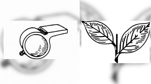 (L-R) TVK symbol (whistle)- AIADMK symbol (two leaves)
