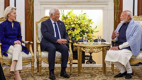 Prime Minister Narendra Modi with European Council President Antonio Costa, left, and European Commission President Ursula von der Leyen, right, during their meeting at the Hyderabad House, in New Delhi