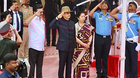 Governor RN Ravi saluting the national flag at the Republic Day celebrations on Kamarajar Salai in Chennai on Monday