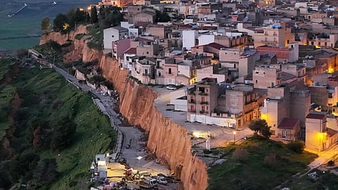 Aerial view of the village of Niscemi near the Sicilian town of Caltanissetta, southern Italy, where severe storms provoked a landslide, and some 1,500 people had to be evacuated from their homes