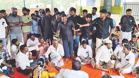 Youths dressed in black opposing a new shooting training ground in Chengalpattu’s Keerapakkam Panchayat