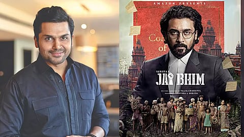 (L) Karthi, (R) Poster of the film - Jai Bhim