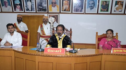 Mayor Mu Anbalagan addressing the council meeting in Tiruchy on January 30 (Friday)