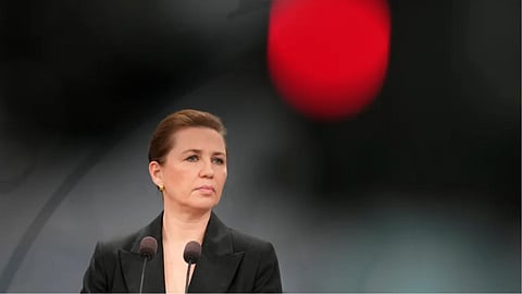 Denmark’s Prime Minister Mette Frederiksen looks on as she presents the government’s new deportation reform at a press conference in Copenhagen, Friday, Jan. 30, 2026.