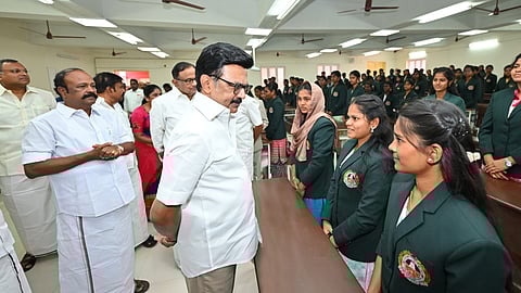 Chief Minister Stalin interacts with students after inaugurating a multi-purpose hall in the newly constructed Agricultural College building in the Chettinad area near Karaikudi