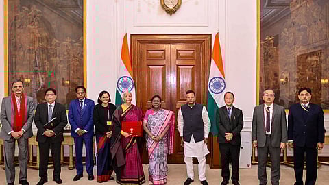 President Droupadi Murmu with Finance Minister Nirmala Sitharaman, Minister of State for Finance Pankaj Chaudhary and senior officials of the ministry ahead of the presentation of the Union Budget 2026-27, in New Delhi.
